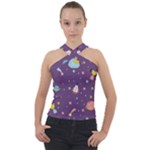 Space Travels Seamless Pattern Vector Cartoon Cross Neck Velour Top