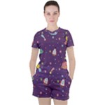 Space Travels Seamless Pattern Vector Cartoon Women s T-Shirt and Shorts Set
