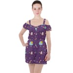 Space Travels Seamless Pattern Vector Cartoon Ruffle Cut Out Chiffon Playsuit