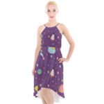 Space Travels Seamless Pattern Vector Cartoon High-Low Halter Chiffon Dress 