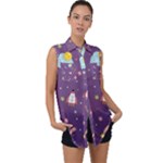 Space Travels Seamless Pattern Vector Cartoon Sleeveless Chiffon Button Shirt