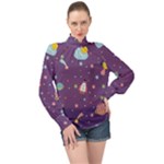 Space Travels Seamless Pattern Vector Cartoon High Neck Long Sleeve Chiffon Top