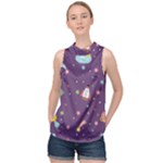 Space Travels Seamless Pattern Vector Cartoon High Neck Satin Top