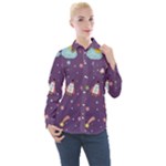 Space Travels Seamless Pattern Vector Cartoon Women s Long Sleeve Pocket Shirt