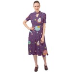 Space Travels Seamless Pattern Vector Cartoon Keyhole Neckline Chiffon Dress
