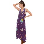 Space Travels Seamless Pattern Vector Cartoon V-Neck Chiffon Maxi Dress