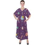 Space Travels Seamless Pattern Vector Cartoon V-Neck Boho Style Maxi Dress