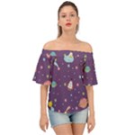 Space Travels Seamless Pattern Vector Cartoon Off Shoulder Short Sleeve Top
