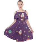 Space Travels Seamless Pattern Vector Cartoon Cut Out Shoulders Chiffon Dress