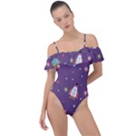 Space Travels Seamless Pattern Vector Cartoon Frill Detail One Piece Swimsuit