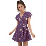 Space Travels Seamless Pattern Vector Cartoon Flutter Sleeve Wrap Dress