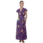 Space Travels Seamless Pattern Vector Cartoon Flutter Sleeve Maxi Dress