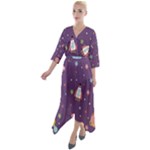 Space Travels Seamless Pattern Vector Cartoon Quarter Sleeve Wrap Front Maxi Dress