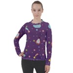 Space Travels Seamless Pattern Vector Cartoon Women s Pique Long Sleeve T-Shirt