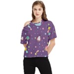 Space Travels Seamless Pattern Vector Cartoon One Shoulder Cut Out T-Shirt