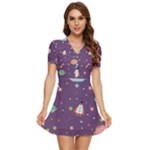 Space Travels Seamless Pattern Vector Cartoon V-Neck High Waist Chiffon Mini Dress