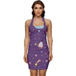 Space Travels Seamless Pattern Vector Cartoon Sleeveless Wide Square Neckline Ruched Bodycon Dress