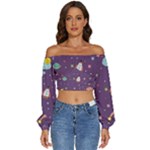 Space Travels Seamless Pattern Vector Cartoon Long Sleeve Crinkled Weave Crop Top