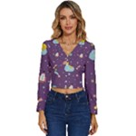 Space Travels Seamless Pattern Vector Cartoon Long Sleeve V-Neck Top