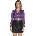 Space Travels Seamless Pattern Vector Cartoon Long Sleeve Tie Back Satin Wrap Top