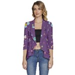 Space Travels Seamless Pattern Vector Cartoon Women s 3/4 Sleeve Ruffle Edge Open Front Jacket