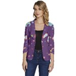 Space Travels Seamless Pattern Vector Cartoon Women s One-Button 3/4 Sleeve Short Jacket