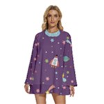 Space Travels Seamless Pattern Vector Cartoon Round Neck Long Sleeve Bohemian Style Chiffon Mini Dress