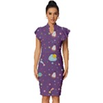 Space Travels Seamless Pattern Vector Cartoon Vintage Frill Sleeve V-Neck Bodycon Dress