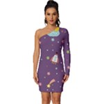 Space Travels Seamless Pattern Vector Cartoon Long Sleeve One Shoulder Mini Dress