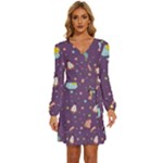Space Travels Seamless Pattern Vector Cartoon Long Sleeve Waist Tie Ruffle Velvet Dress