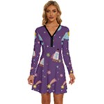 Space Travels Seamless Pattern Vector Cartoon Long Sleeve Deep V Mini Dress 