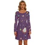 Space Travels Seamless Pattern Vector Cartoon Long Sleeve Wide Neck Velvet Dress