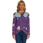 Space Travels Seamless Pattern Vector Cartoon Long Sleeve Crew Neck Pullover Top