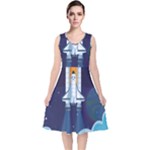 Spaceship Milkyway Galaxy V-Neck Midi Sleeveless Dress 