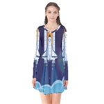Spaceship Milkyway Galaxy Long Sleeve V-neck Flare Dress