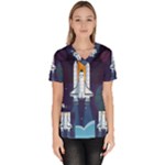 Spaceship Milkyway Galaxy Women s V-Neck Scrub Top