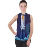 Spaceship Milkyway Galaxy Mock Neck Chiffon Sleeveless Top