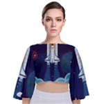 Spaceship Milkyway Galaxy Tie Back Butterfly Sleeve Chiffon Top