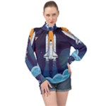 Spaceship Milkyway Galaxy High Neck Long Sleeve Chiffon Top