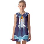 Spaceship Milkyway Galaxy Kids  Pilgrim Collar Ruffle Hem Dress