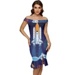 Spaceship Milkyway Galaxy Off Shoulder Ruffle Split Hem Bodycon Dress