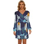 Spaceship Milkyway Galaxy Long Sleeve Waist Tie Ruffle Velvet Dress