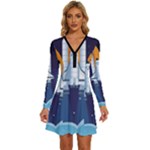 Spaceship Milkyway Galaxy Long Sleeve Deep V Mini Dress 