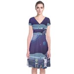 Alien Astronaut Scene Short Sleeve Front Wrap Dress