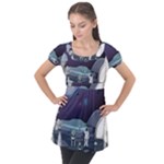 Alien Astronaut Scene Puff Sleeve Tunic Top