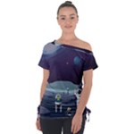 Alien Astronaut Scene Off Shoulder Tie-Up T-Shirt