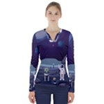 Alien Astronaut Scene V-Neck Long Sleeve Top
