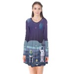 Alien Astronaut Scene Long Sleeve V-neck Flare Dress