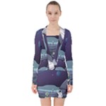 Alien Astronaut Scene V-neck Bodycon Long Sleeve Dress