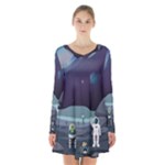 Alien Astronaut Scene Long Sleeve Velvet V-neck Dress